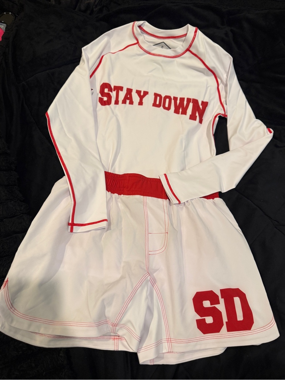 Stay Down White and Red Athletic Rash Guard Set